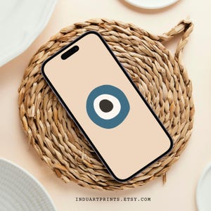 Evil Eye Phone Wallpaper, Minimal iPhone Background, Boho Aesthetic Screensaver, Modern Art Homescreen, Blue Black Beige, Neutral Lockscreen