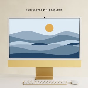 Abstract Landscape Desktop Wallpaper, Blue Grey Tone, Neutral Aesthetic Background, Sun Desert Mountain Art, Mac Minimalist Digital Download