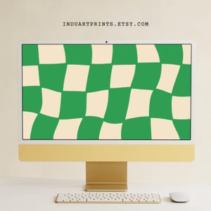 May include: A gold computer monitor displaying a digital desktop wallpaper with a green and cream checkered pattern. The pattern is distorted, giving the illusion of a wavy surface. The text "INDUARTPRINTS.ETSY.COM" is displayed at the top of the screen.