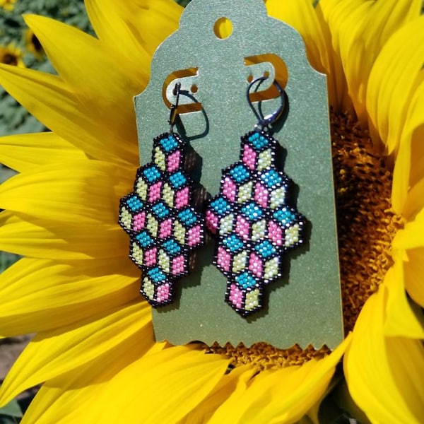 Ensemble de boucles d'oreilles en perles de rocaille Miyuki rose vif/citron vert/bleu sarcelle en nid d'abeille motif hexagone