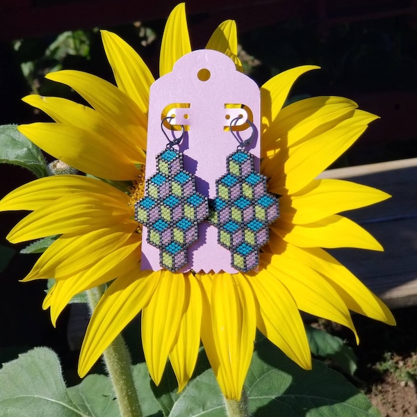 Hexagon Matte Lime & Purple Honeycomb Brickstitch Pattern Miyuki Seed Bead Earring Set