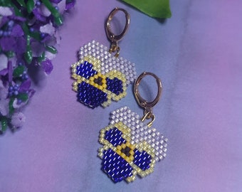 Royal Purple and Yellow Pansies Miyuki Delica Seed Bead Earrings