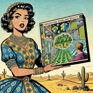 Op de afbeelding: Een vrouw in een blauwe en gele gebloemde jurk houdt een stripboek vast met de tekst "Perception Overlaps Reality". Het stripboek heeft een psychedelisch ontwerp met een groen, blauw en geel kleurenschema.