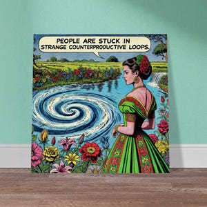 May include: A comic book style illustration of a woman in a green dress standing by a swirling river. The text above her reads "People are stuck in strange counterproductive loops."