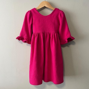 Handmade Children&#39;s Cotton Piqué Pink Ruffles Bow Dress Size 5