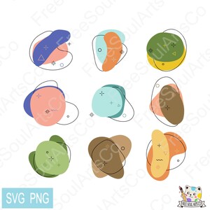 Pode incluir: Conjunto de nove formas abstratas em várias cores, incluindo azul, verde, amarelo, marrom, rosa e turquesa. Cada forma tem um contorno preto e é decorada com pequenos detalhes como estrelas, pontos e linhas.
