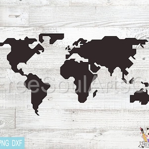 May include: A dark brown world map silhouette against a white and gray wood-grain background. The map is a simplified, geometric representation of the continents. The text "SVG PNG DXF" is in a blue rectangle in the lower left.