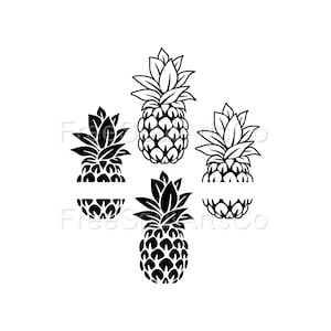 May include: Four black and white pineapple silhouettes. The pineapples are in different positions, some with the top cut off.