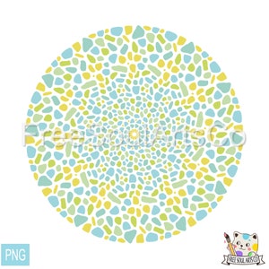 Puede incluir: Un diseño circular con un patrón repetitivo de guijarros azules, verdes y amarillos. El diseño crea un efecto de remolino.