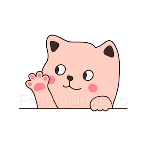 Op de afbeelding: Een roze cartoonkat met zwarte oren en een bruine neus kijkt over een wit oppervlak en zwaait met zijn rechterpoot. De kat heeft grote, ronde ogen en een vriendelijke glimlach.