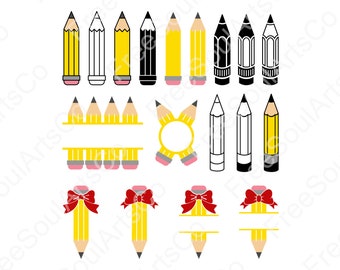 Crayon Svg. Crayon d’école Svg. Crayon avec arc Svg. Crayon Monogramme. Séparation du nom du crayon. Crayons d’école d’enseignant clipart. Couper des fichiers. .svg