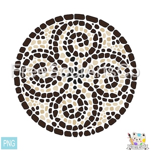 May include: A circular design made of brown and beige mosaic tiles. The tiles are arranged in a swirling pattern, creating a visually appealing and intricate design.