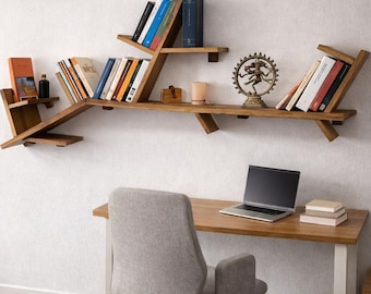 Solid Wood Tree Branch Bookshelf: Decorative Wall Mounted Book Rack