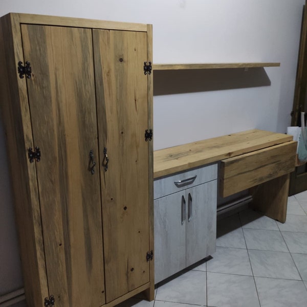 Custom Solid Wardrobe - Solid Wood Cabinet / Desk / Rack - Wooden Bedroom / Kids Room Set - Rustic Cloakroom - Design Toddler Home Furniture