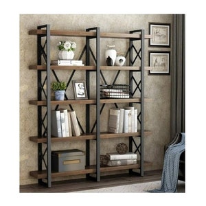 Solid Wood Bookshelf Metal / Wooden Pine Bookcase Large Library Office ...