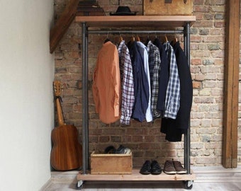 Solid Wood Wheeled Clothing Hanger - Decorative Entryway Furniture - Wooden Coat Stand - Moving Rustic Wardrobe