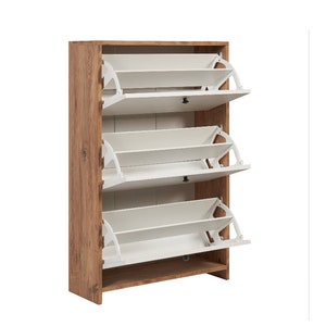 Drop Cover Wooden Shoe Rack / Solid Wood Design Shoe Cabinet / Decorative Footwear Cupboard