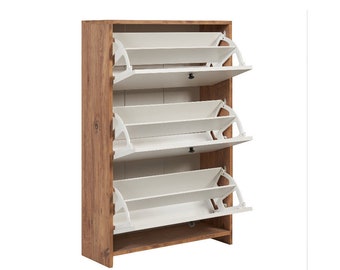 Drop Cover Wooden Shoe Rack / Solid Wood Design Shoe Cabinet / Decorative Footwear Cupboard