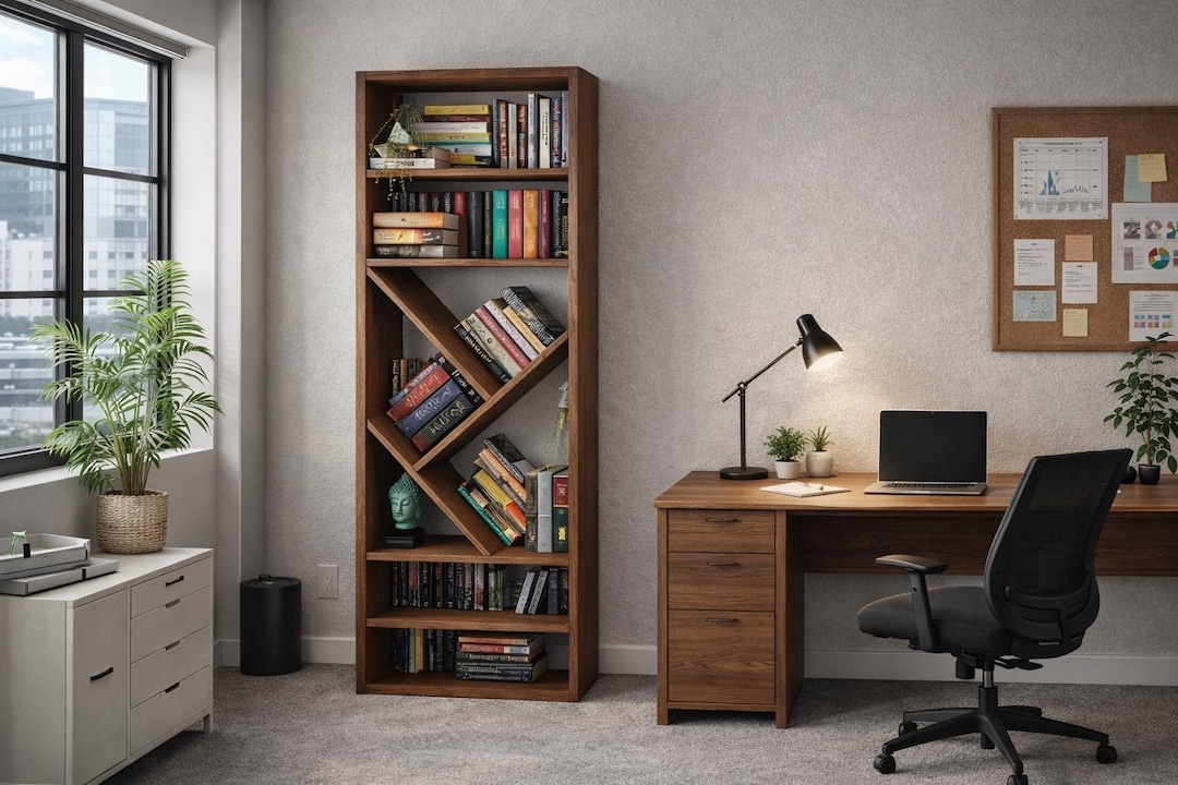 Solid Wood Asymmetrical Bookshelf, Modern Diagonal Bookcase - Etsy