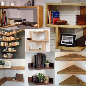 Customizable Floating Corner Rack - Personalized Wooden Wall Mounted Shelf - Solid Wood Wall Rack - Design Corner Shelving Units