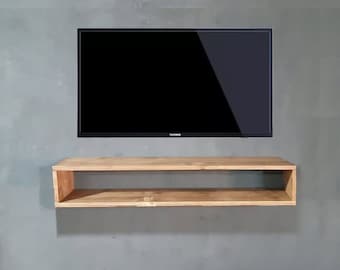 Floating Wall Mounted Solid Wood TV Stand - Personalized Massive Wooden Wall TV Unit - Customizable Decorative Tv Table Rack