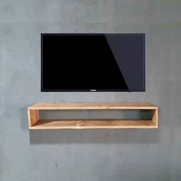 Schwimmender an der Wand befestigter Massivholz-TV-Ständer - Personalisierte Massivholz-Wand-TV-Einheit - Anpassbare dekorative Tv-Tischhalterung