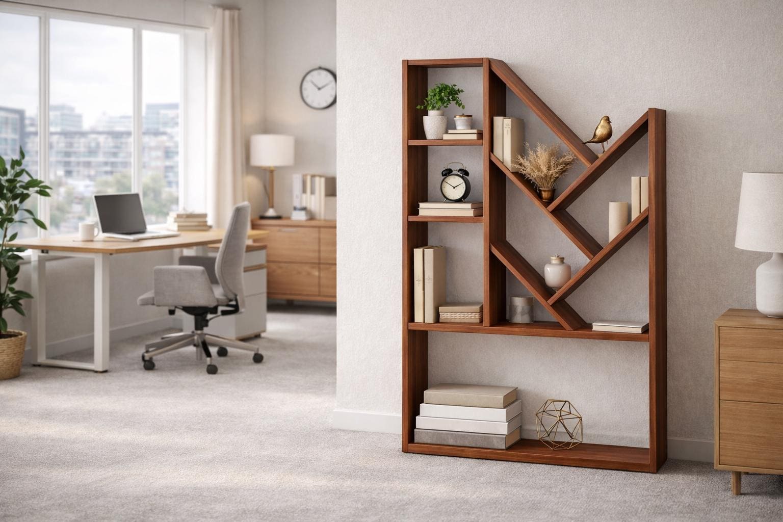 Shelf Diagonal Modern Asymmetrical Wooden Bookshelf, Open Bookcase With Diagonal ...