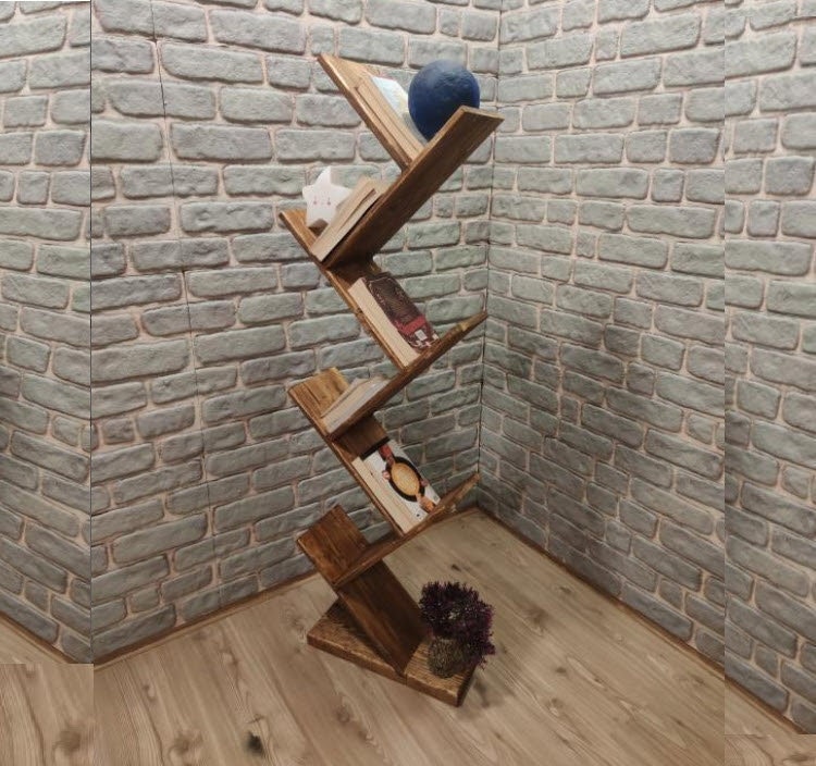 Unique Wooden Bookshelf - Rustic Tree Bookcase - Decorative Solid Wood Shelves