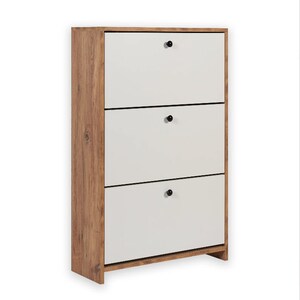 May include: A three-tier shoe cabinet with a light wood finish and white doors. Each door has a black knob.