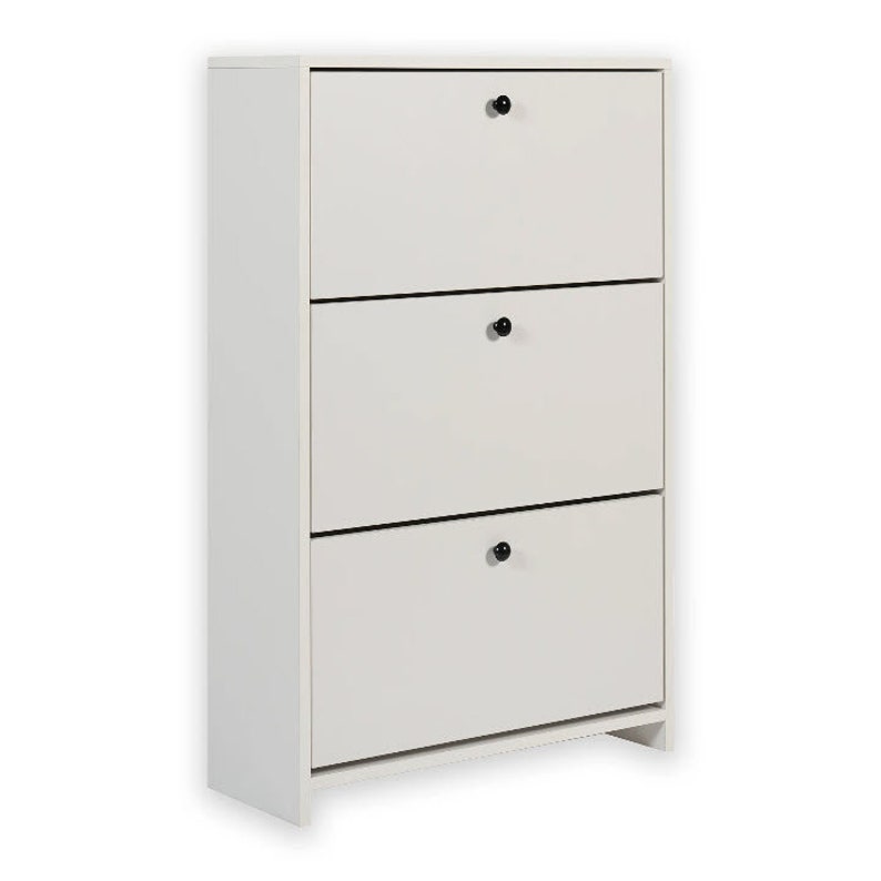 May include: White three-drawer shoe cabinet with black knobs.