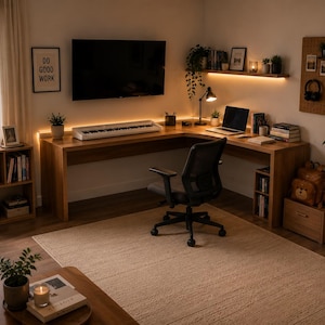 Könnte beinhalten: Ein L-förmiger Schreibtisch aus Holz mit einem schwarzen Bürostuhl, einer weißen Tastatur und einem Laptop. Der Arbeitsbereich umfasst einen wandmontierten Fernseher, eine Lochplatte mit Kopfhörern, Regale mit Pflanzen und Wandkunst.