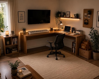 Solid Wood Corner Desk with Storage Shelves, L Shaped Home Office Desk, Wooden Study Workstation