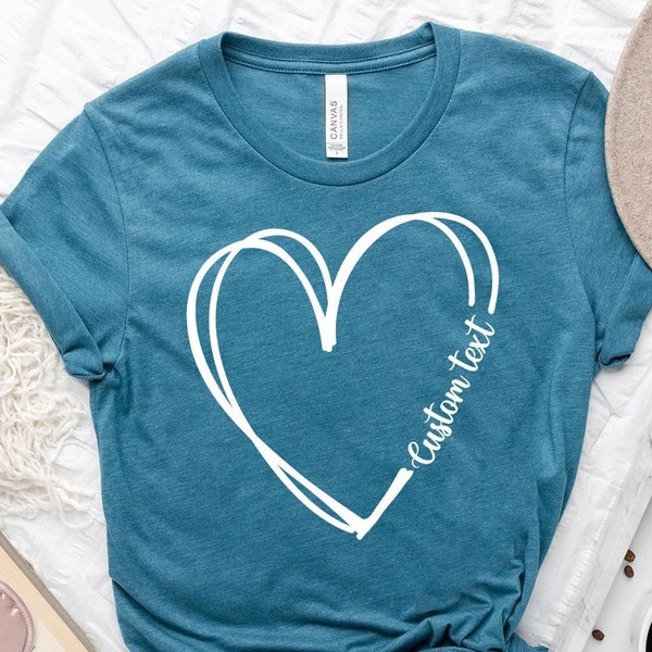 Custom Text Heart Line Shirt, Love Shirt, Double Heart Shirt, Your Name Heart Line,Cute Heart Tee,Personalized Mom Shirt,Customized Heart