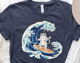 Surfer Cat Shirt, The Great Wave off Kanagawa Shirt, Great Wave Shirt, Cat Lover Shirt, Surfers Shirt, Japanese Tee,Japanese Aesthetic Shirt