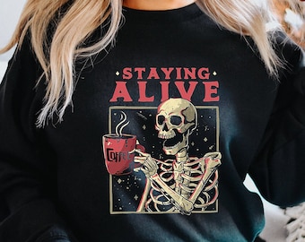 Maglietta sarcastica con scheletro &quot;Resta vivo&quot; da regalare per Halloween, maglietta sarcastica, felpa con scheletro, abbigliamento gotico, maglietta da caffè con scheletro
