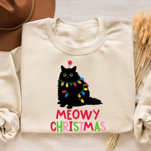 Camisa de Navidad Meowy, sudadera de Navidad para gatos, camiseta de Navidad para amantes de los gatos, suéter de mamá de gato de Navidad, regalo de Catmas para año nuevo, cuello redondo de Navidad