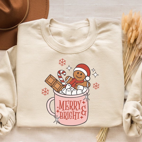Christmas Hot Chocolate Sweatshirt, Merry And Bright Sweater, Gingerbread Shirt, Cozy Holiday Sweater, Kids Christmas Gift, Cute Winter Tee