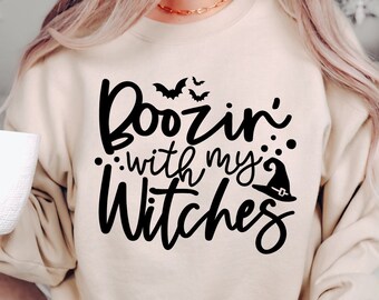 Felpa Boozin With My Witches, Felpa Streghe di Halloween, Maglione Divertente di Halloween, Felpa con Cappuccio per Feste di Halloween, Costume di Halloween