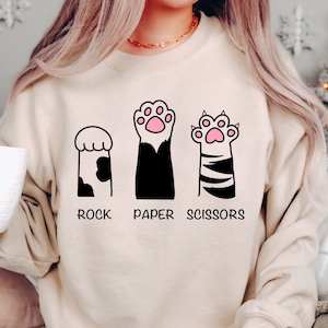 Stein Papier Schere Katze Sweatshirt Geschenk für Katzenliebhaber, lustige Katze Pow Pullover, Katzenliebhaber Geschenk Hoodie, Katzenbesitzer Pullover, niedliche Katze Rundhalsausschnitt