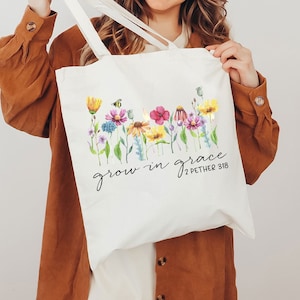 Grow In Grace Tote Bag Gift For Christians, Bible Verse Tote Bag, Faith Bag, Religious Gift Bag,Wildflower Shoulder Bag,Flower Christian Bag