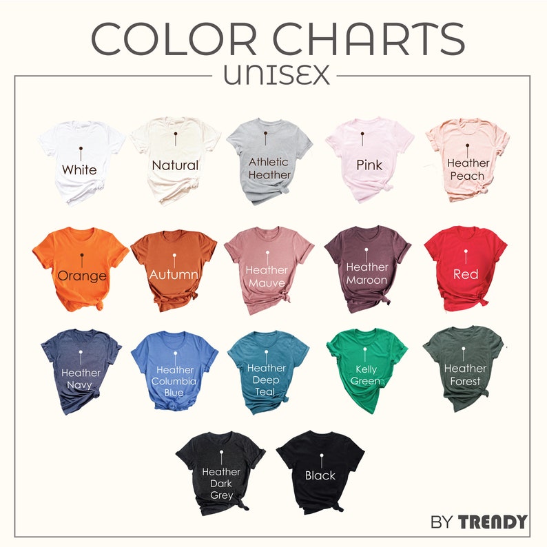May include: Color chart showing 15 different t-shirt colors, including white, natural, athletic heather, pink, heather peach, orange, autumn, heather mauve, heather maroon, red, heather navy, heather columbia blue, heather deep teal, kelly green, heather forest, heather dark grey, and black. The chart is titled "Color Charts - Unisex".