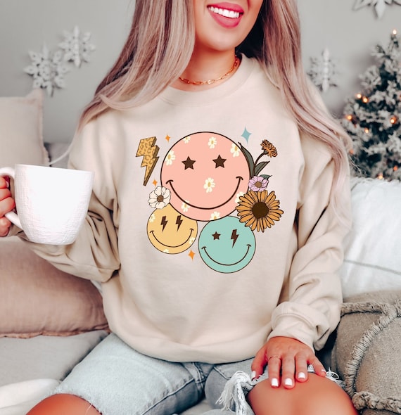 Retro Smiley Face Sweatshirt, Smile Sweatshirt, Sunflower Hoodie, Positive Vibes Hoodie, Hippie Sweater, Wildflower Hoodie,Preppy Sweatshirt