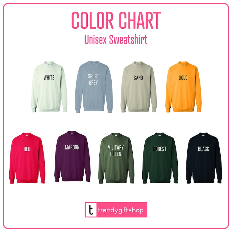 Op de afbeelding: Kleurenkaart met tien verschillende kleuren unisex sweatshirts. De kleuren zijn wit, sport grijs, zand, goud, rood, bordeauxrood, legergroen, bosgroen, zwart en marineblauw.