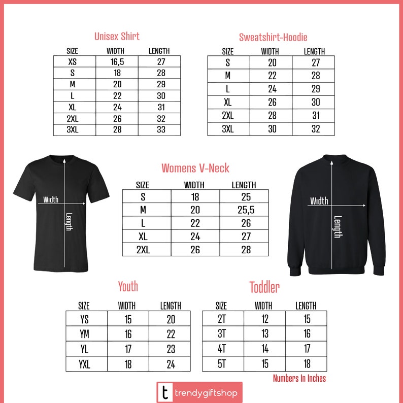 Op de afbeelding: Maattabel voor unisex shirts, sweatshirts, V-hals shirts, jeugd shirts en peuter shirts. De tabel toont de breedte en lengte in inches voor elke maat.