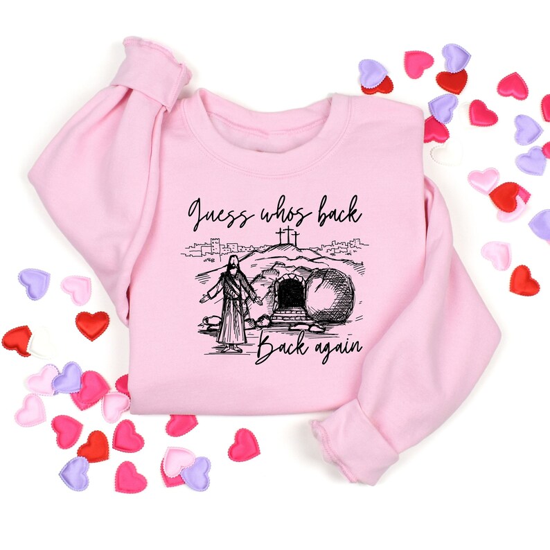 May include: Pink sweatshirt with a black and white illustration of Jesus walking out of a tomb with the text "Guess who's back back again".