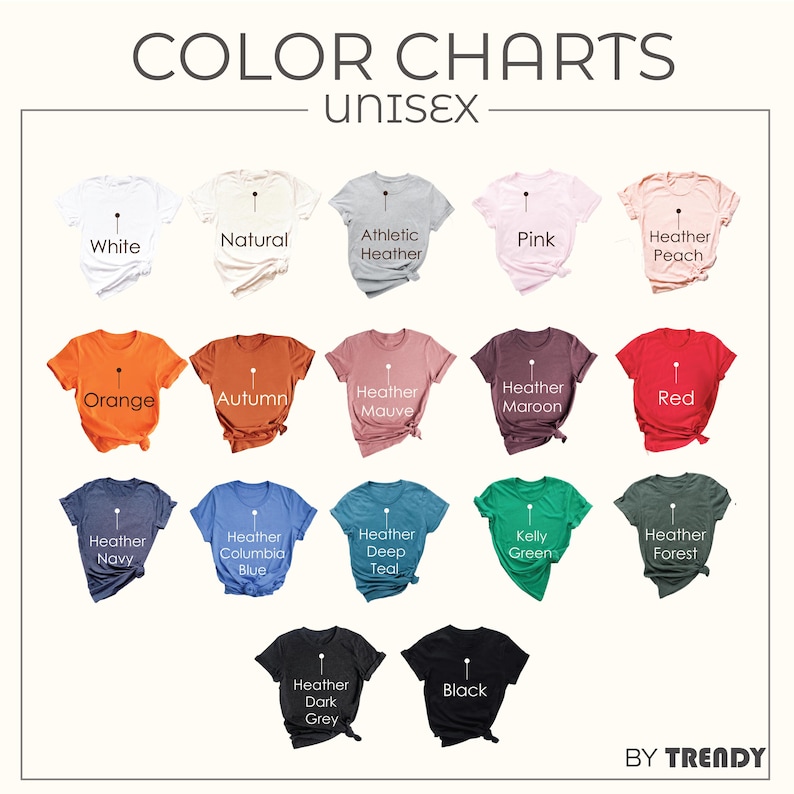 May include: Color chart of unisex t-shirts in various colors, including white, pink, orange, and green. The text "COLOR CHARTS UNISEX" is at the top. Each shirt displays its color name. The brand name "TRENDY" is at the bottom.