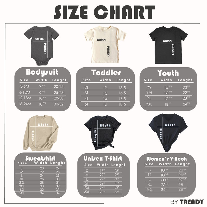 May include: Size chart for bodysuits, toddler shirts, youth shirts, sweatshirts, unisex t-shirts, and women's v-neck shirts. The chart shows the size, width, and length of each garment in inches.