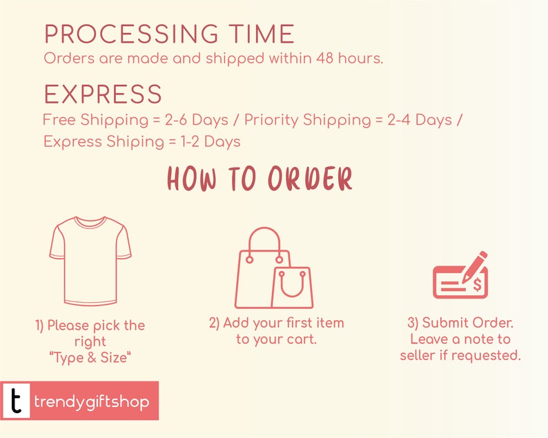 May include: A graphic with instructions on how to order a custom t-shirt. The graphic shows a t-shirt, a shopping bag, and a notepad with a pencil. The text says "Please pick the right "Type & Size" and "Add your first item to your cart." and "Submit Order. Leave a note to seller if requested."