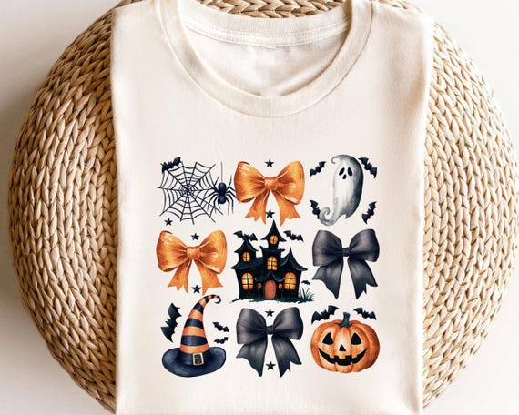 Retro Funny Halloween Coquette Halloween Spooky Pumpkin With Bows Spiders Ghost Hunted House Preppy Graphic TShirt For Women