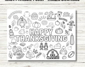 Thanksgiving Coloring Poster: 18x24 Fall Harvest Activity (Digital Download)